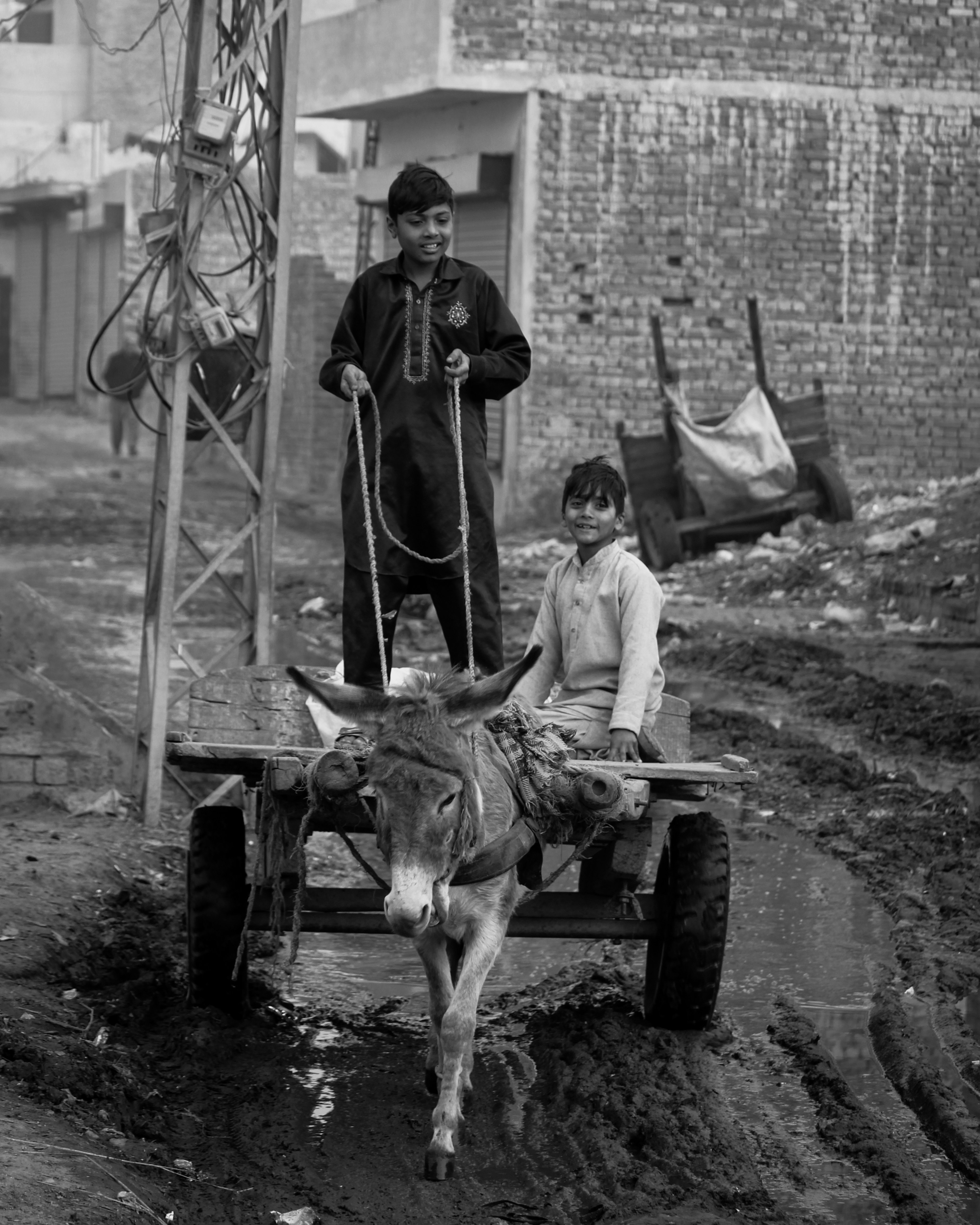 a man riding a cart pulled by a cow