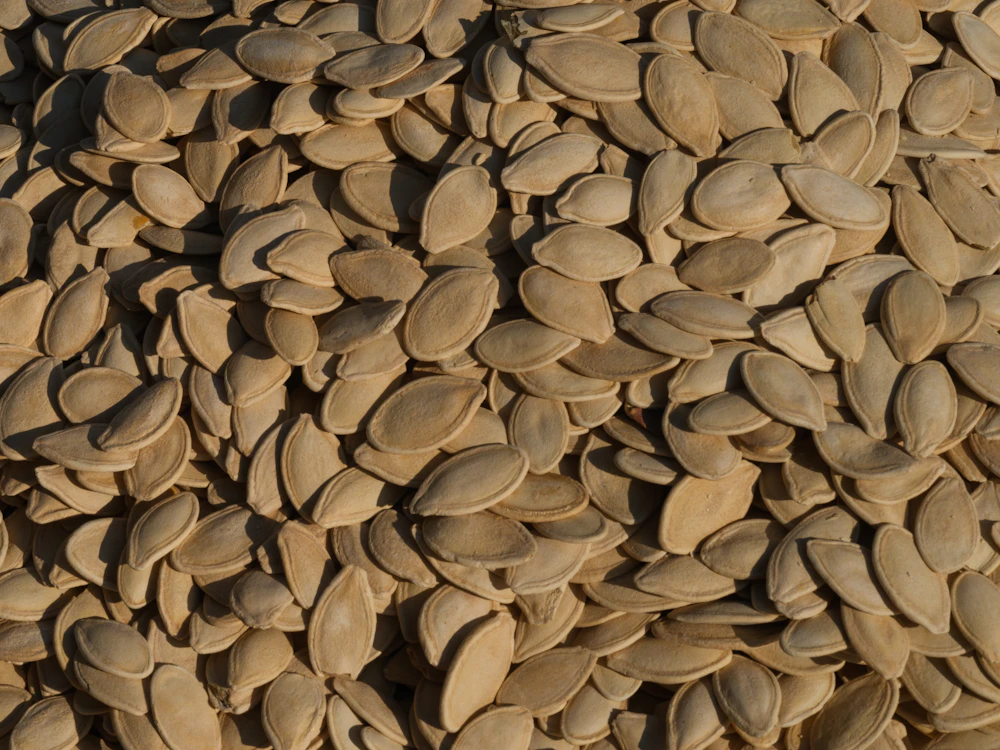 A pile of seeds on a wooden surface