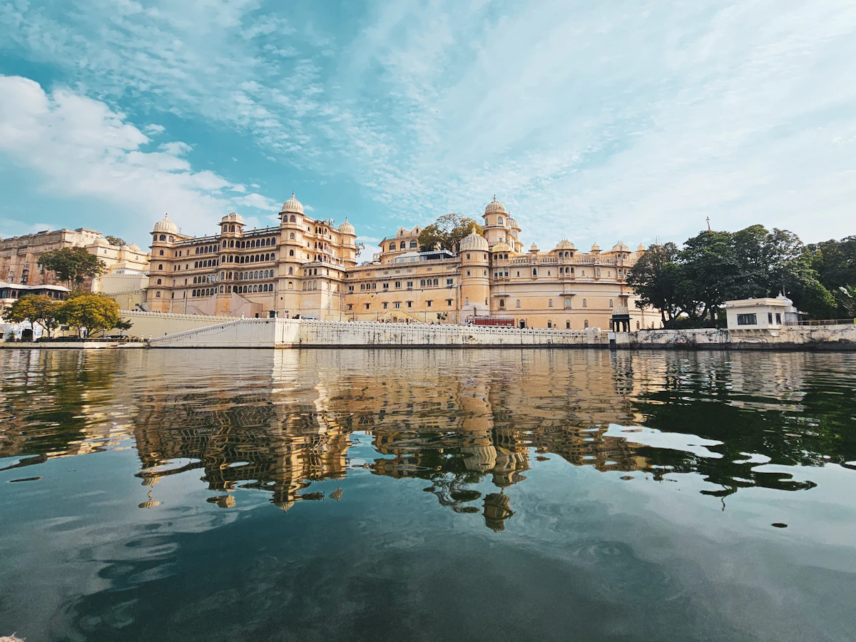 Udaipur's lakeside buildings at dusk