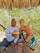 a man and a woman sitting on a bench holding a coconut