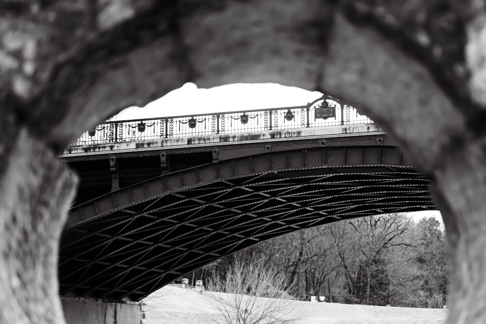 ein Schwarz-Weiß-Foto einer Brücke mit einem Zug darauf