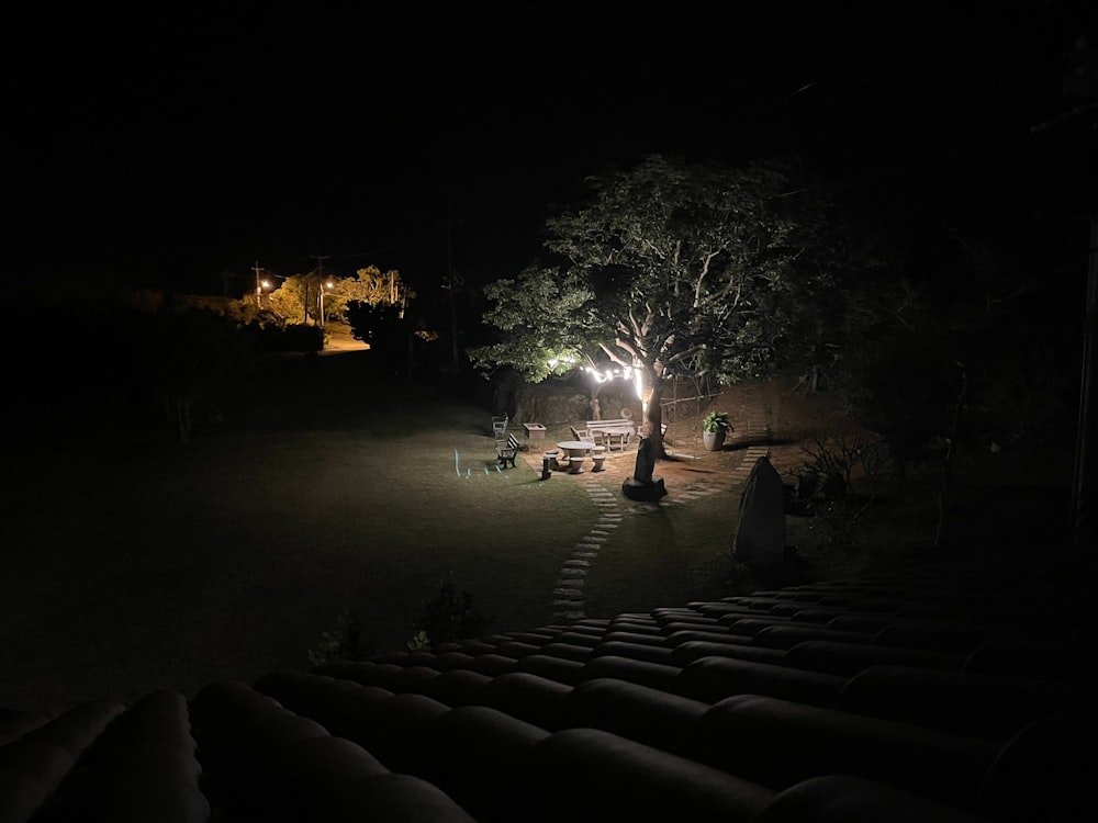 a group of people sitting around a fire pit at night