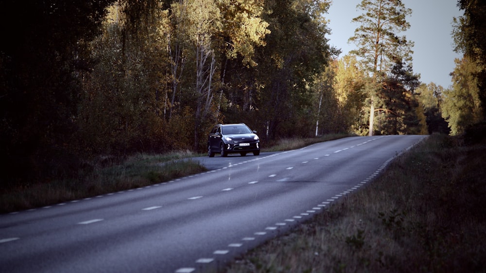 a car driving down a road in the middle of a forest