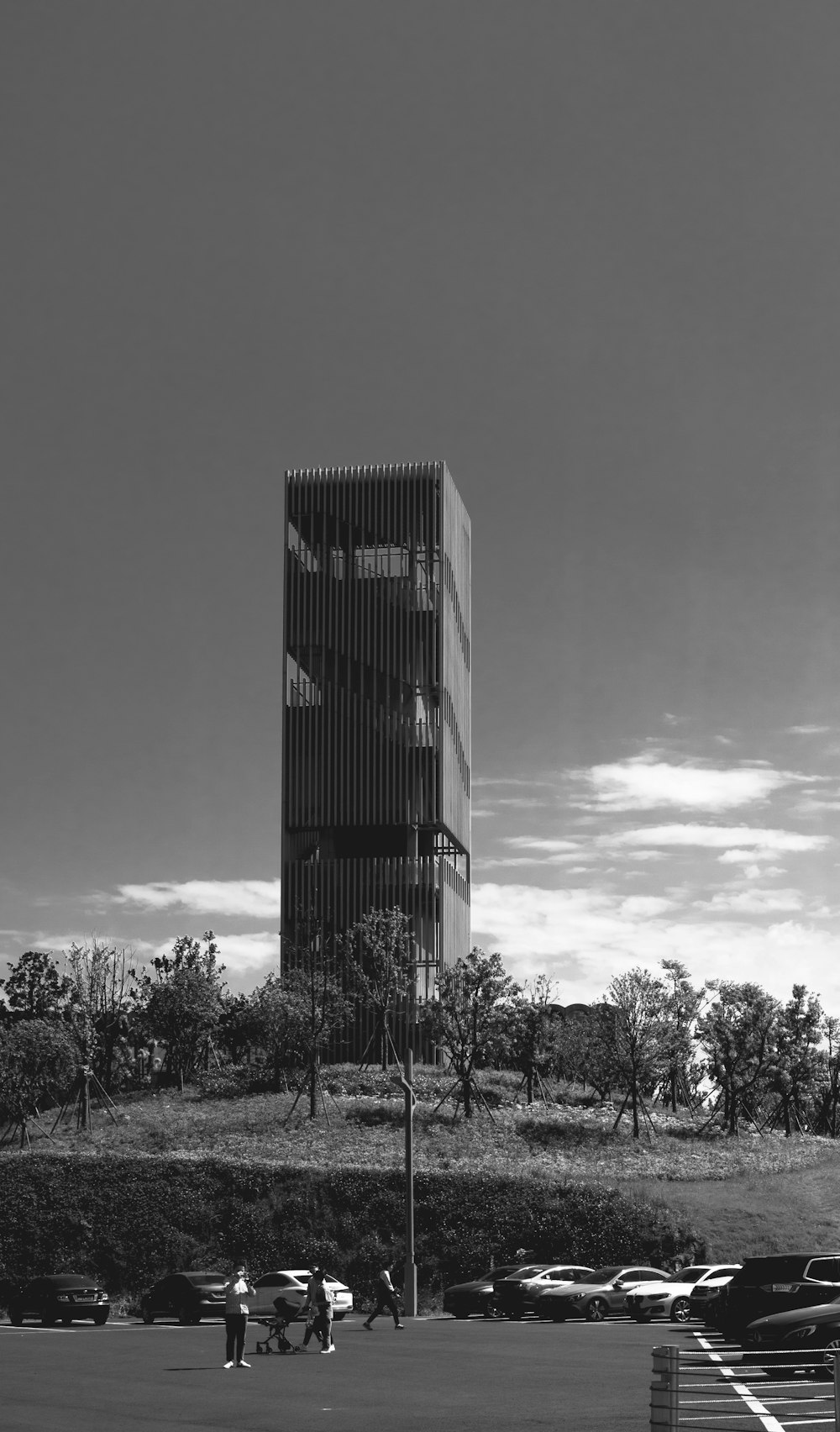 a black and white photo of a tall building