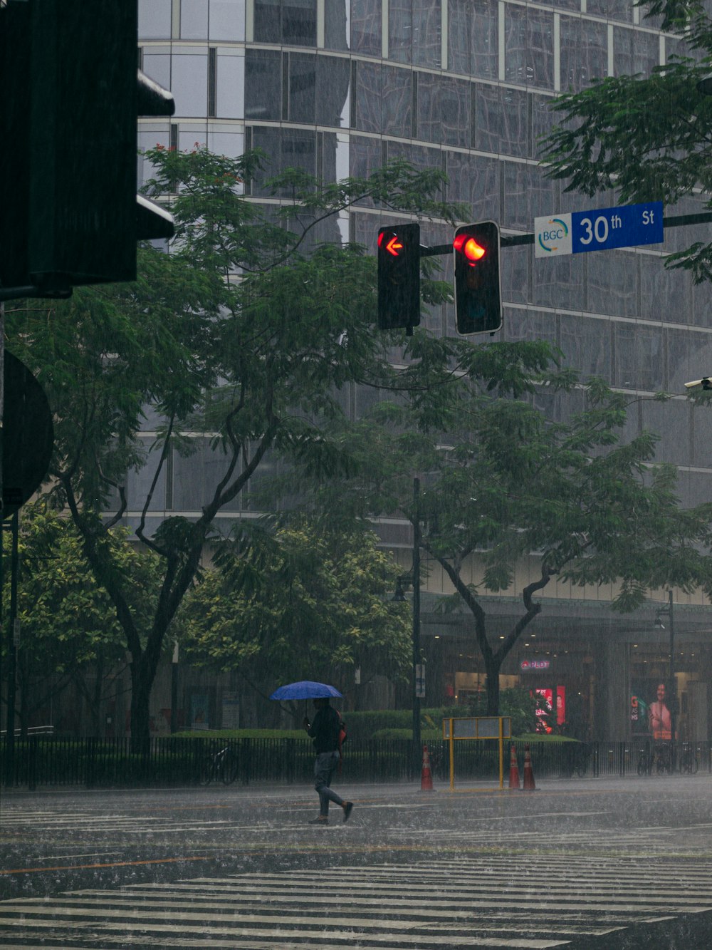 a person walking across a street holding an umbrella