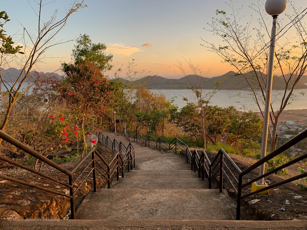 a set of stairs leading down to a lake