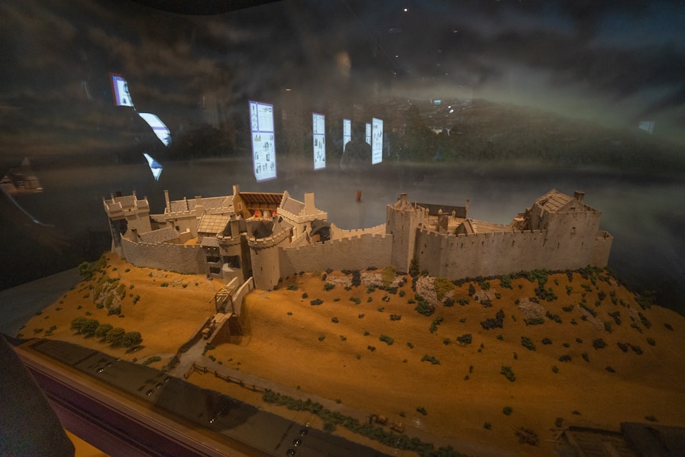 a model of a castle in a display case