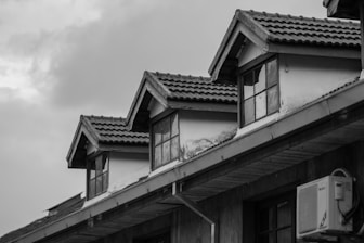 a black and white photo of a row of houses