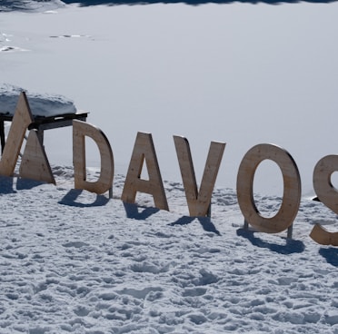 a wooden sign that reads davos in the snow