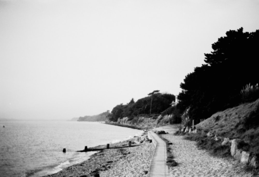 a black and white photo of a beach