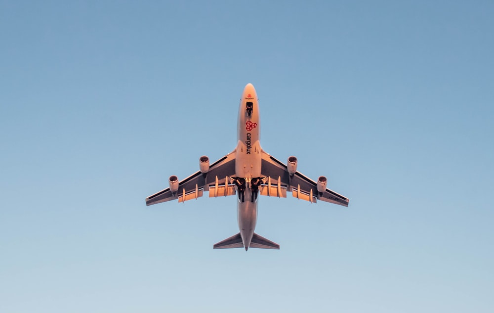 a large jetliner flying through a blue sky