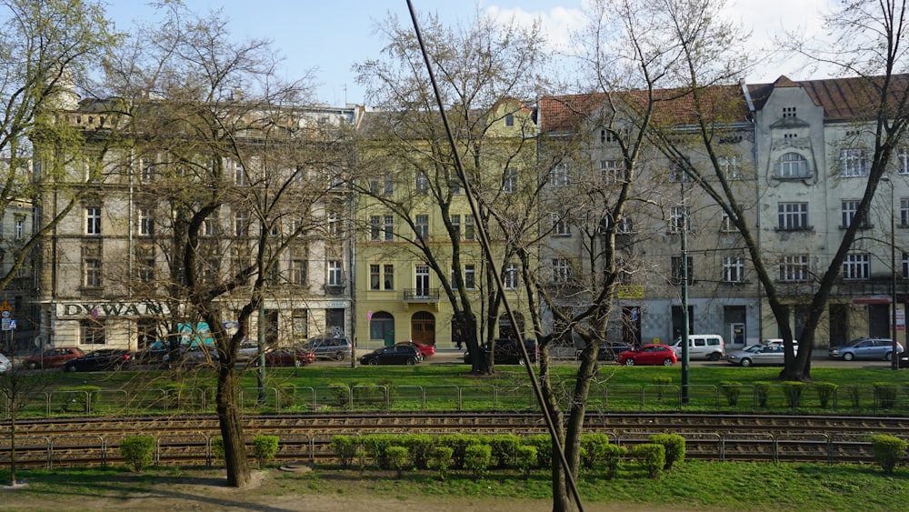 a park in front of a row of buildings