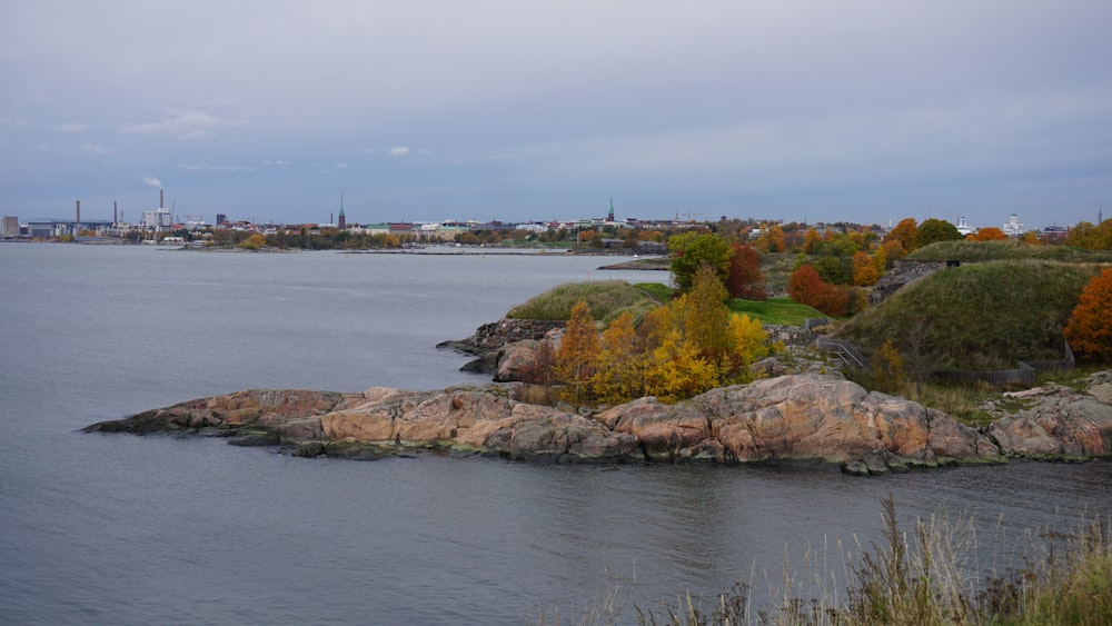 a body of water surrounded by rocks and trees