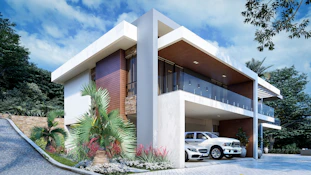 a white car is parked in front of a house