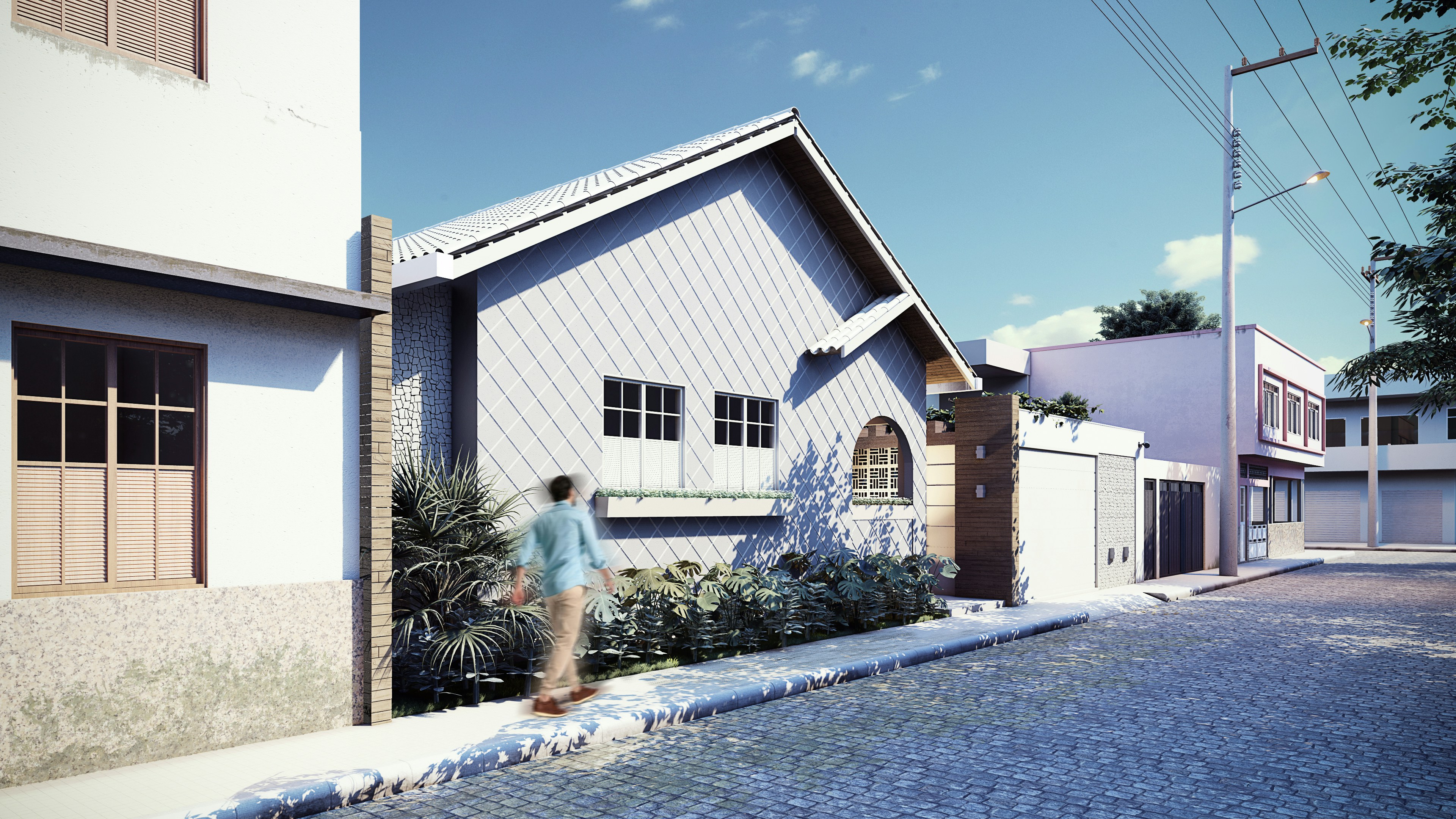 a man walking down a street next to a house