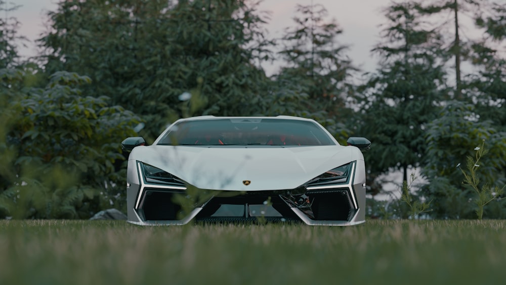 a white sports car parked in the grass