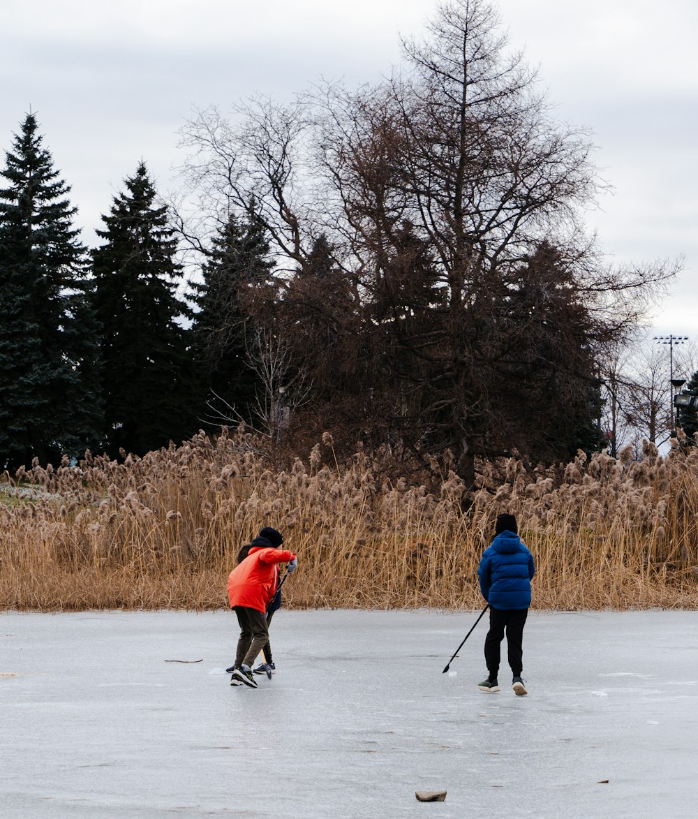 two people are skating on a frozen pond