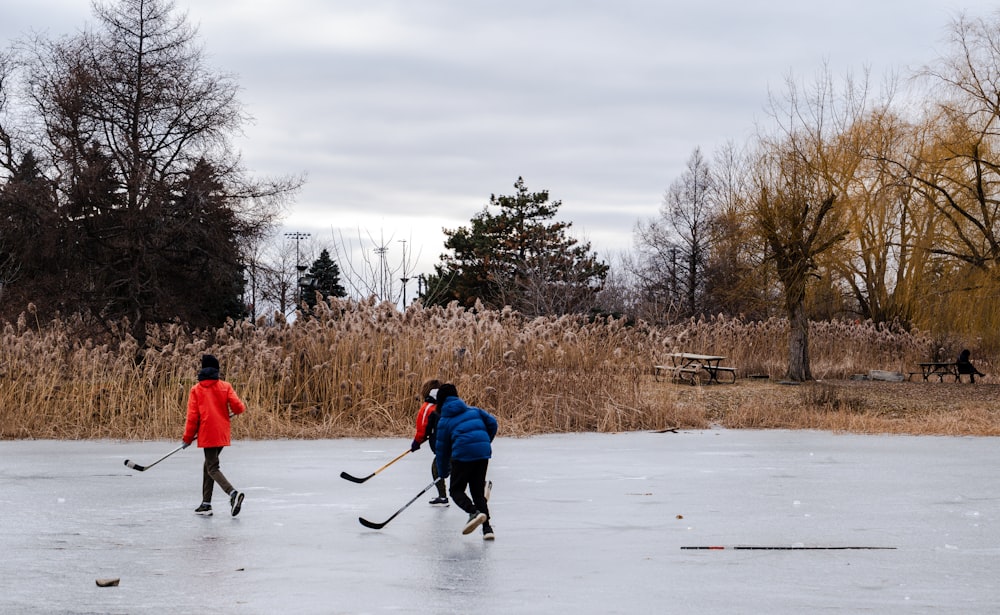 a couple of people playing a game of ice hockey