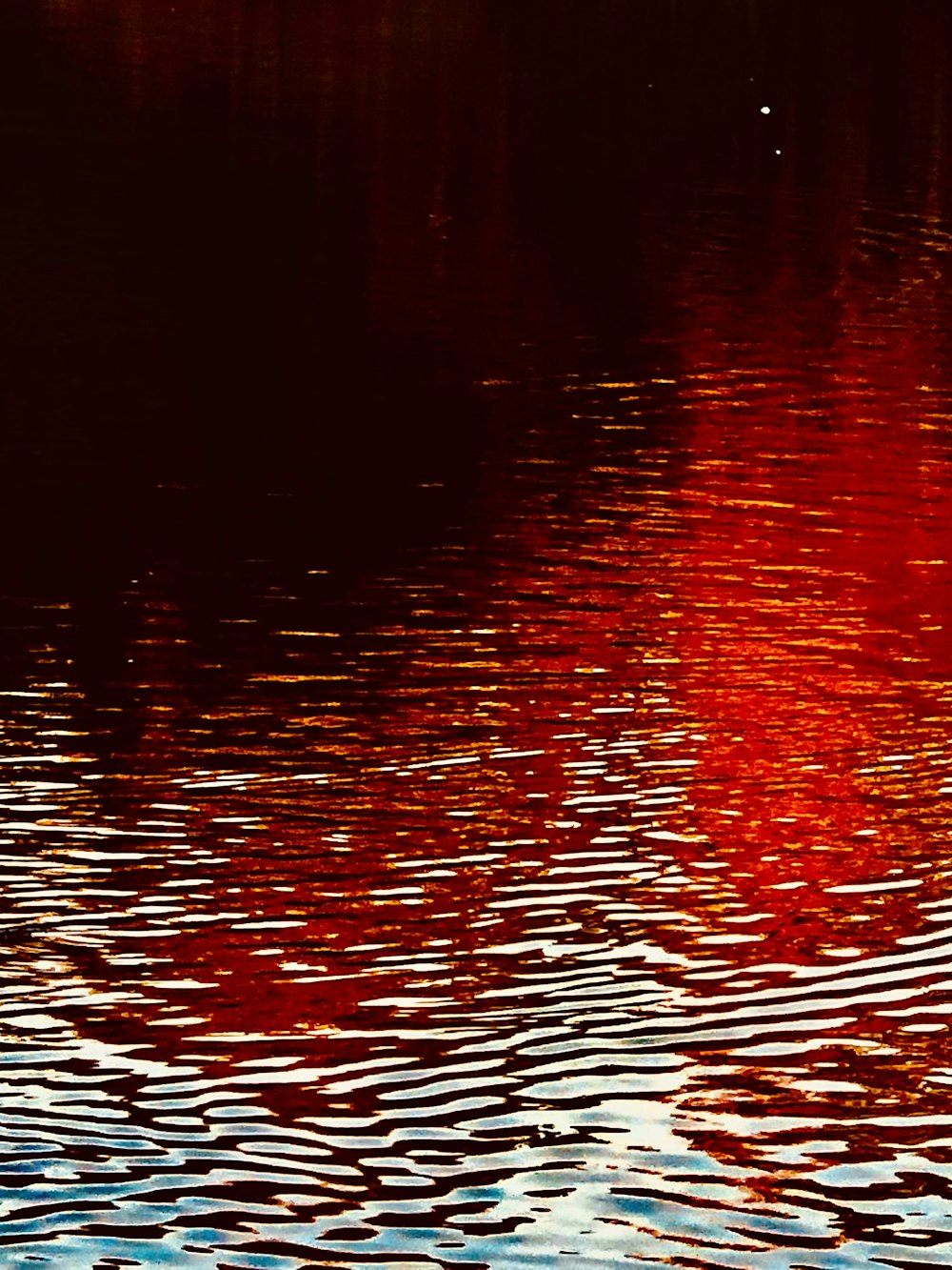 una gran masa de agua con un cielo rojo al fondo
