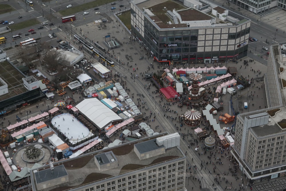 an aerial view of a city with tall buildings