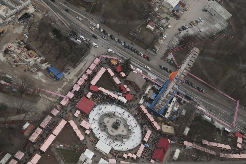 an aerial view of a parking lot and a parking lot