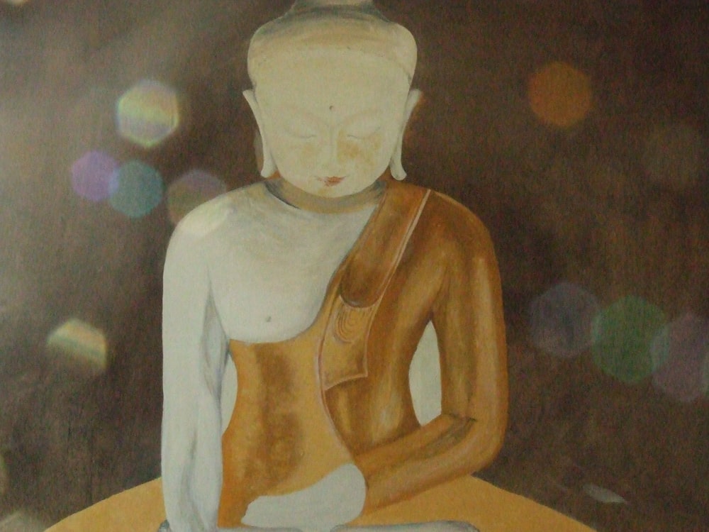 a painting of a person sitting on a table