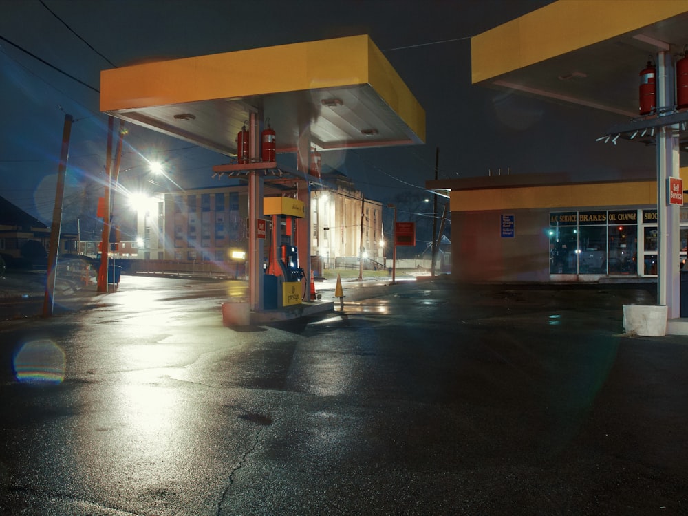 a gas station at night with no one around