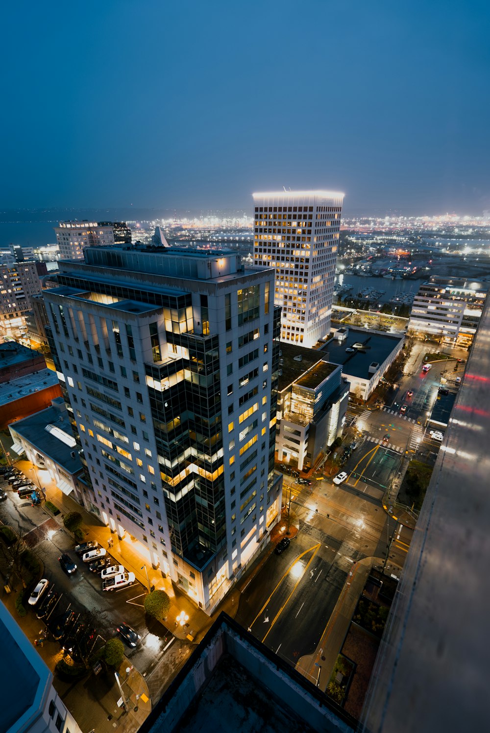 an aerial view of a city at night