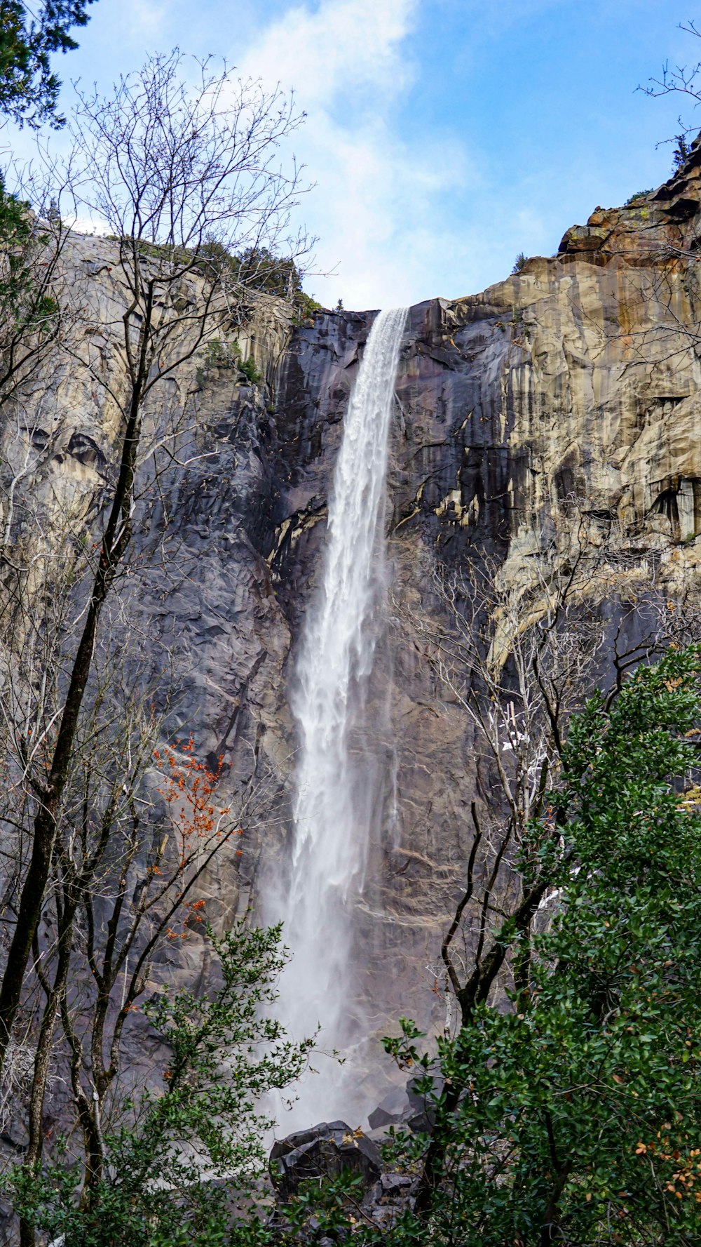 a large waterfall with trees in front of it