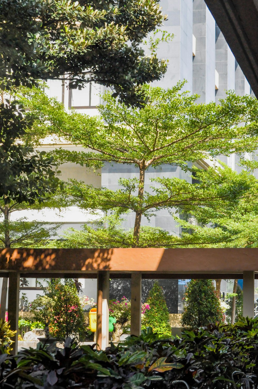 a view of a building through the trees