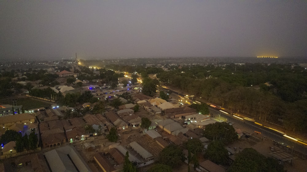 an aerial view of a city at night