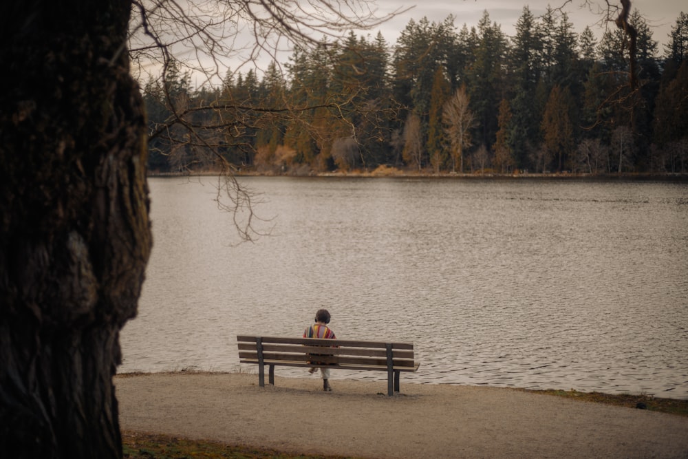 a person sitting on a bench near a body of water