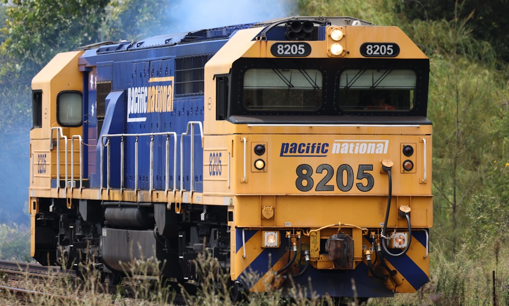 a blue and yellow train traveling down train tracks