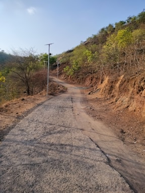 a dirt road with a hill in the background