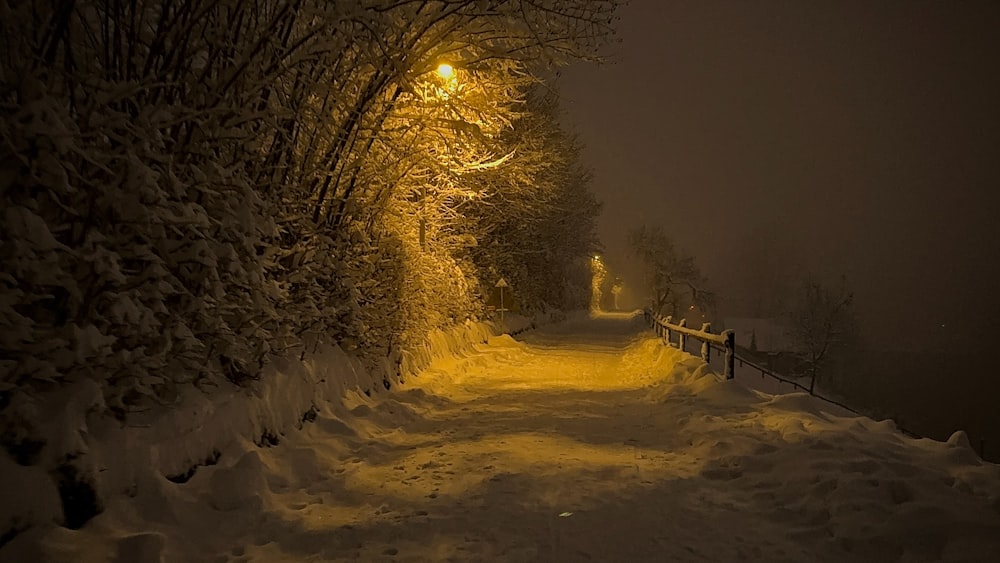 a snow covered road at night with a street light in the distance
