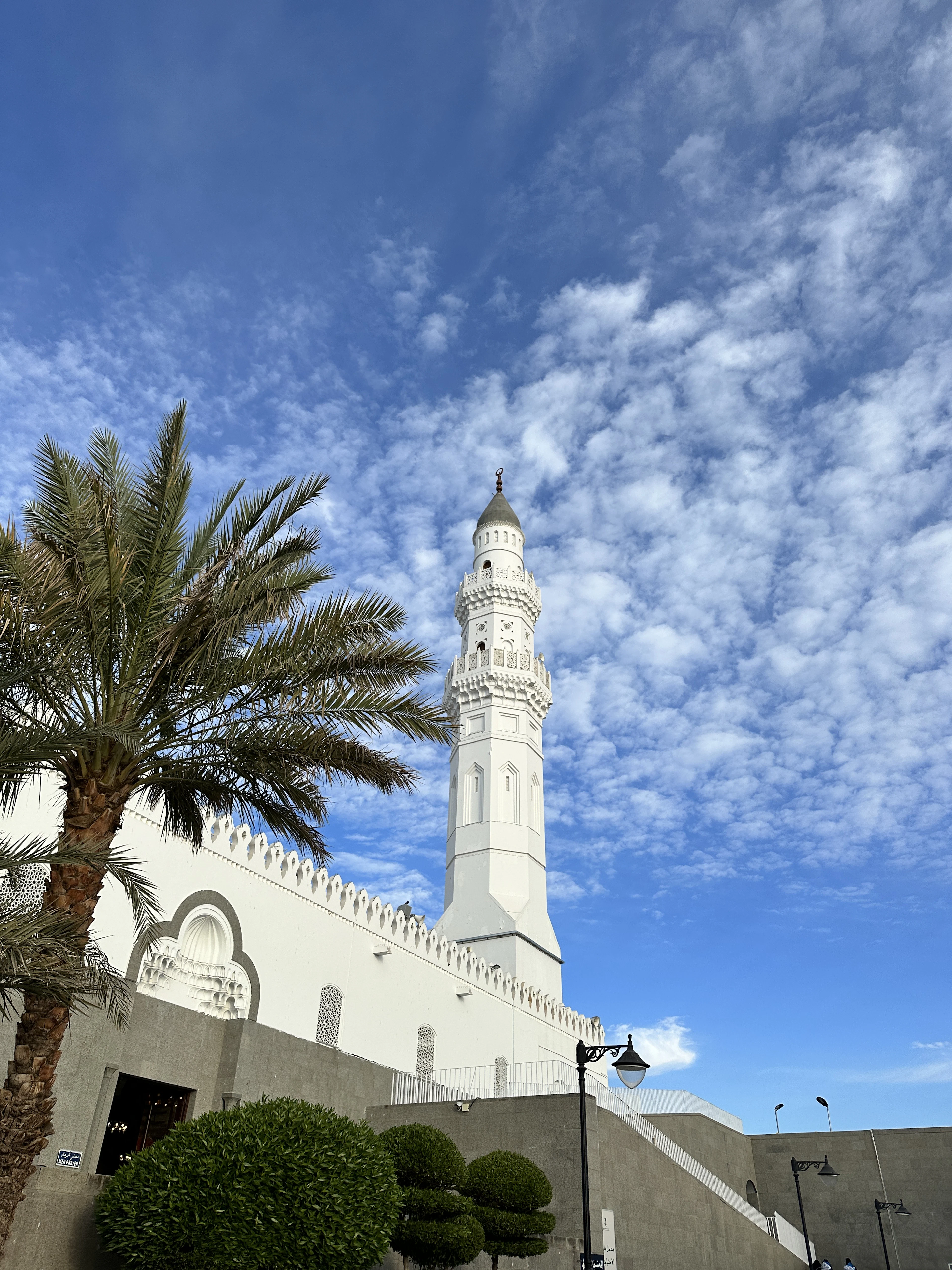 A white minaret beside a palm tree under a bright blue sky