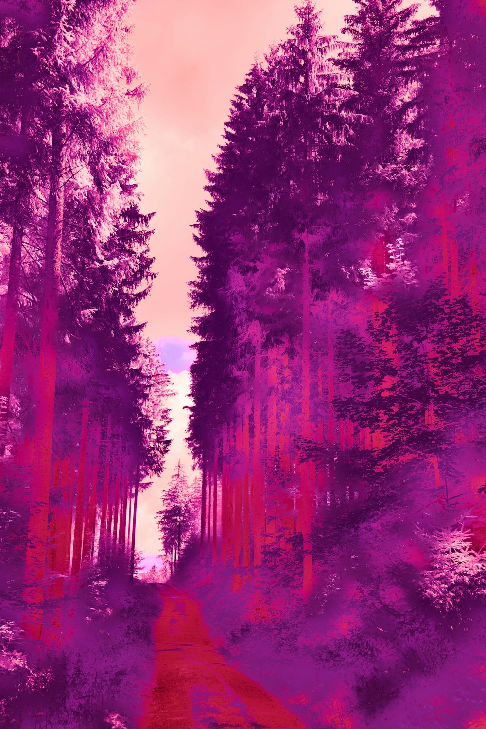 a digital painting of a road surrounded by trees