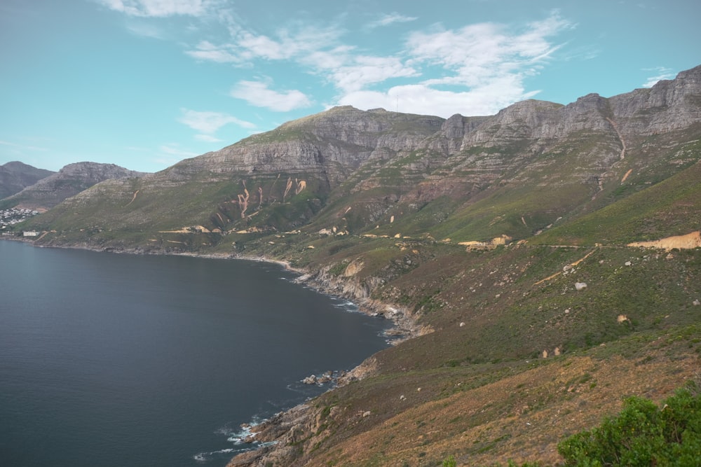 a scenic view of a body of water with mountains in the background