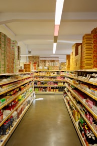 a grocery store aisle filled with lots of food