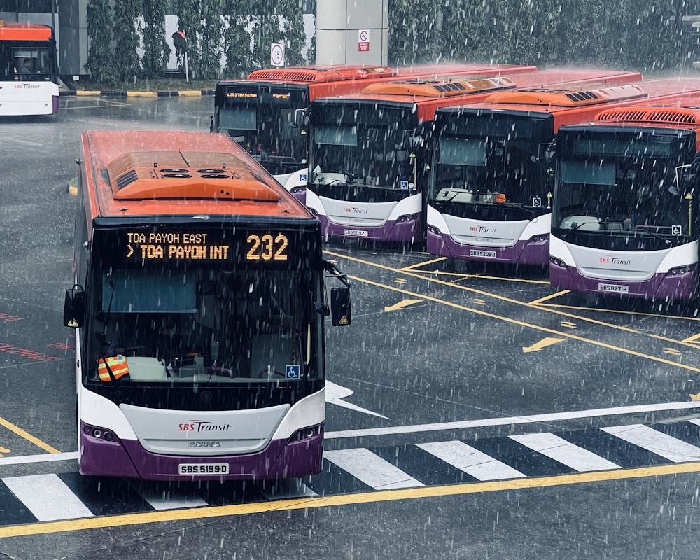 a group of buses parked in a parking lot in the rain