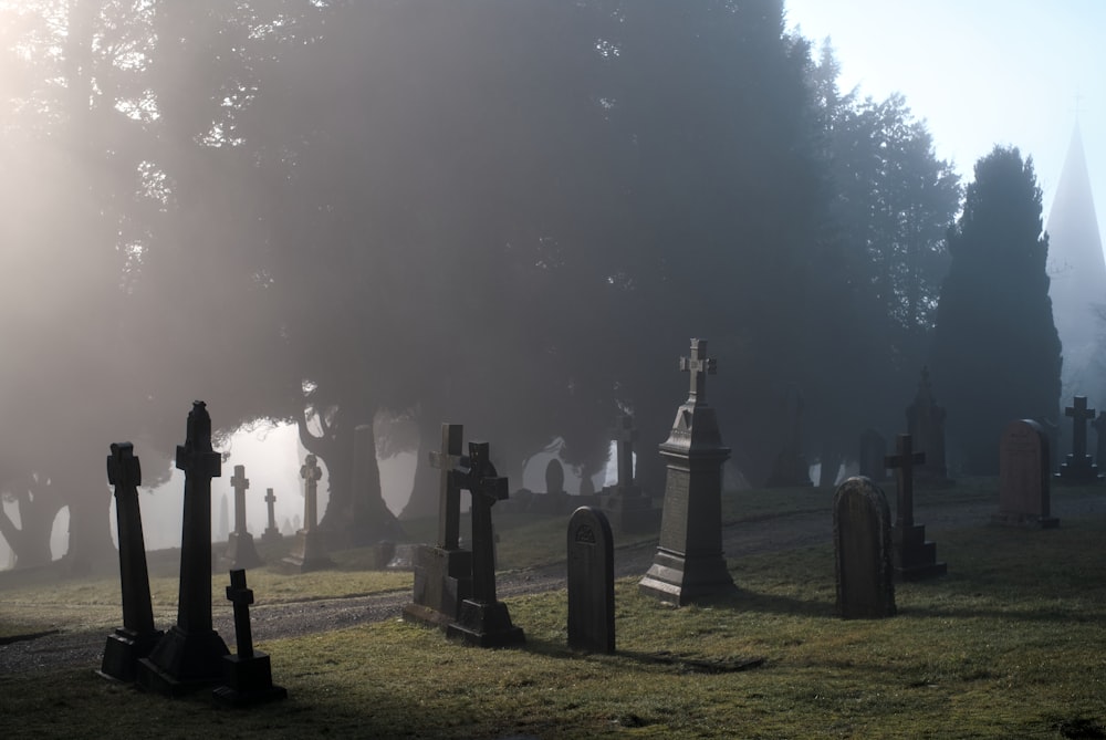 un cimetière brumeux avec des pierres tombales au premier plan