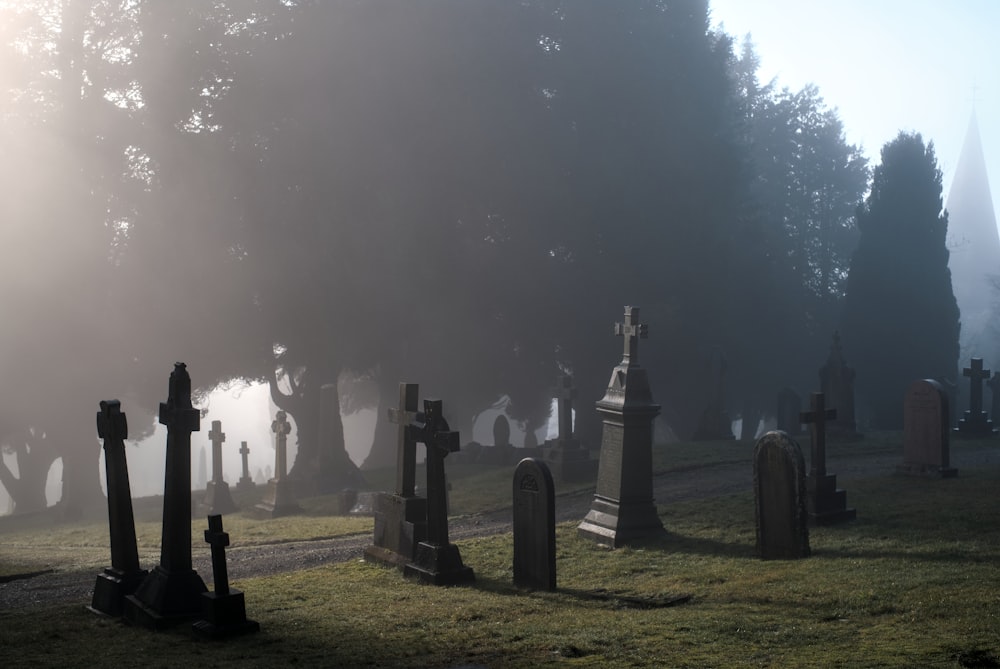 a foggy graveyard with tombstones in the foreground