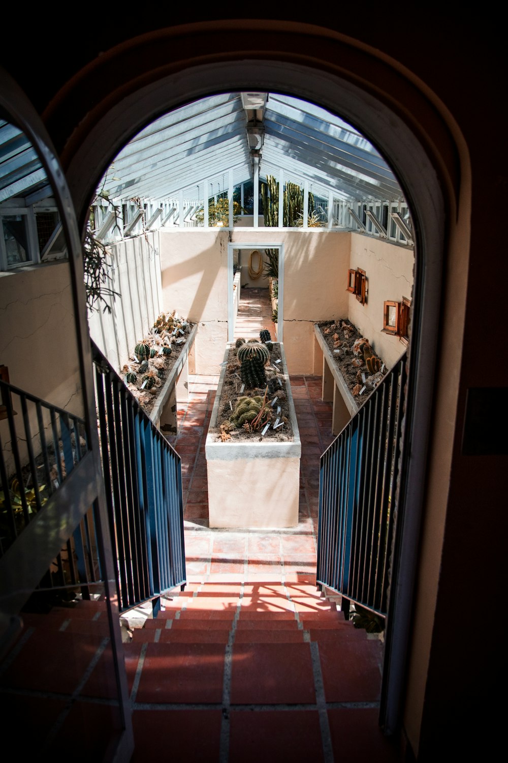 a view of a building through an open door