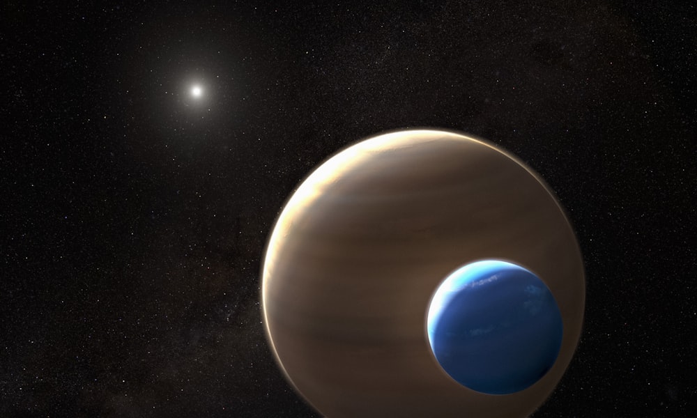 an artist's rendering of a planet with a moon in the background