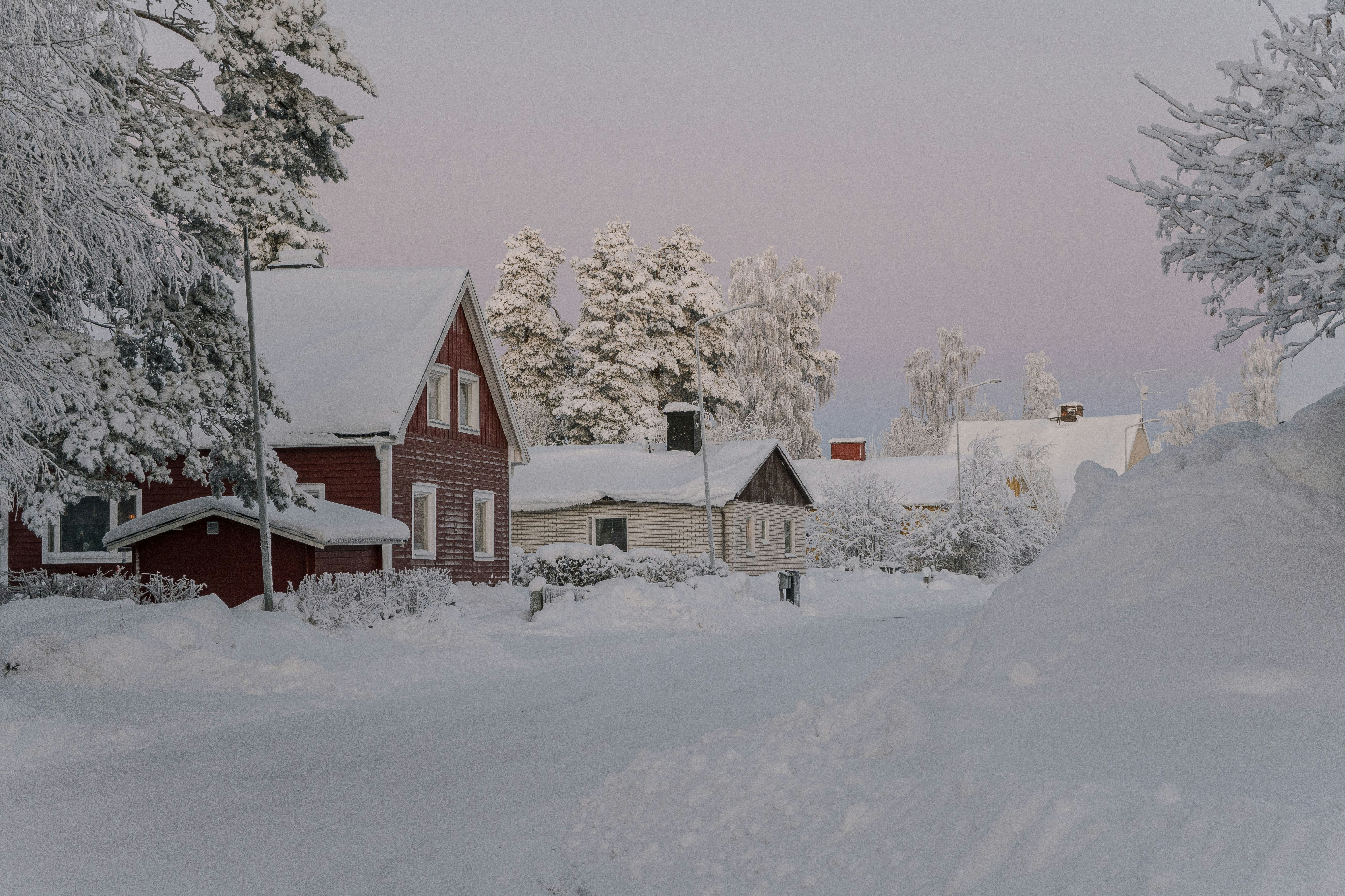 Snow covered street with houses and trees