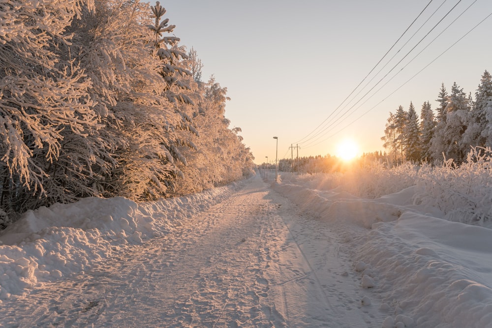 the sun is setting on a snowy road