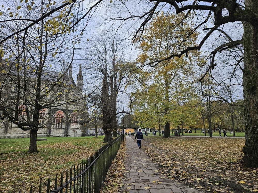 two people walking down a path in a park