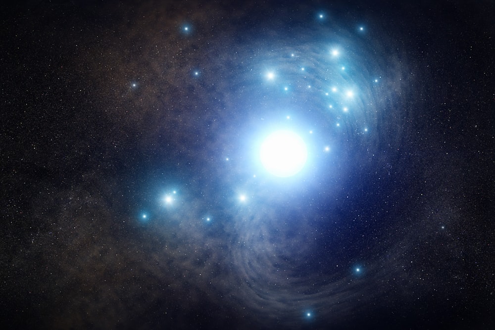 a bright blue star surrounded by stars in the sky