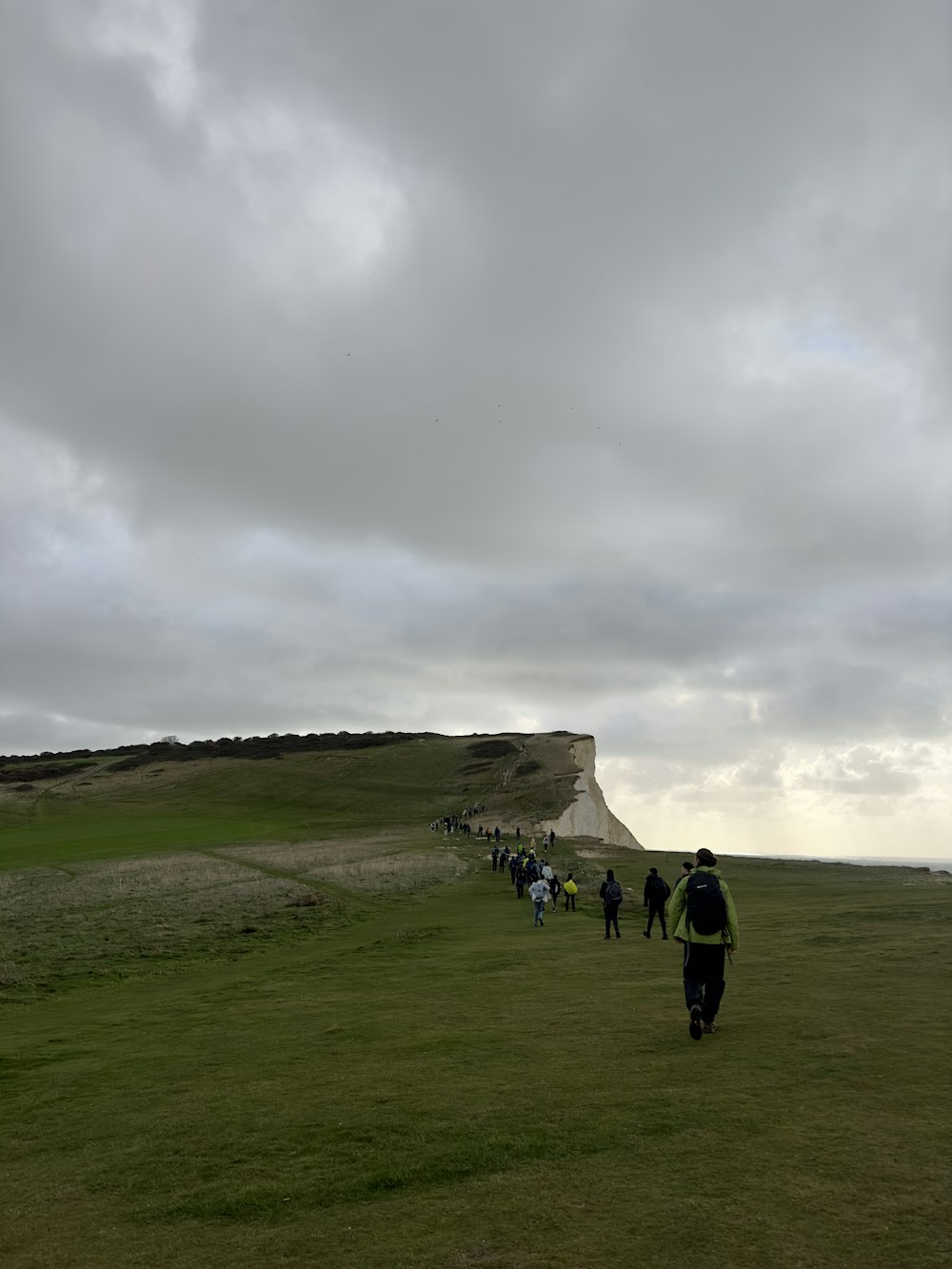 a group of people walking across a lush green field