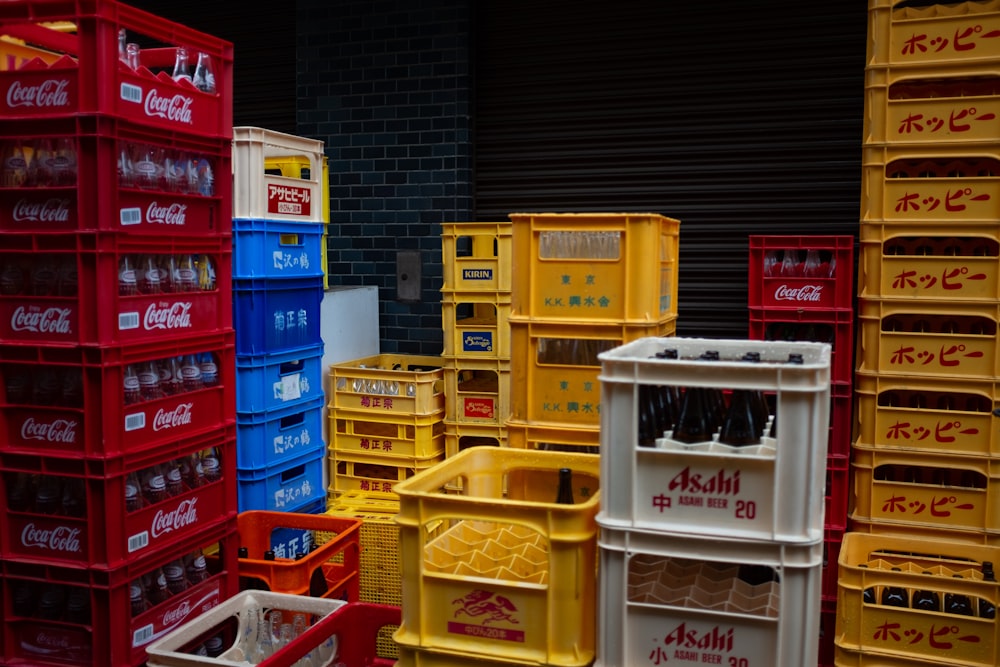 a display of coca cola crates and crates